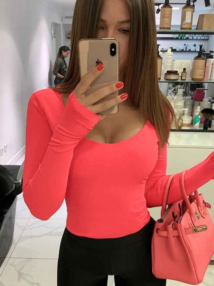 Winter Clothing Outfits - Pomarańczowe neonowe body damskie z długim