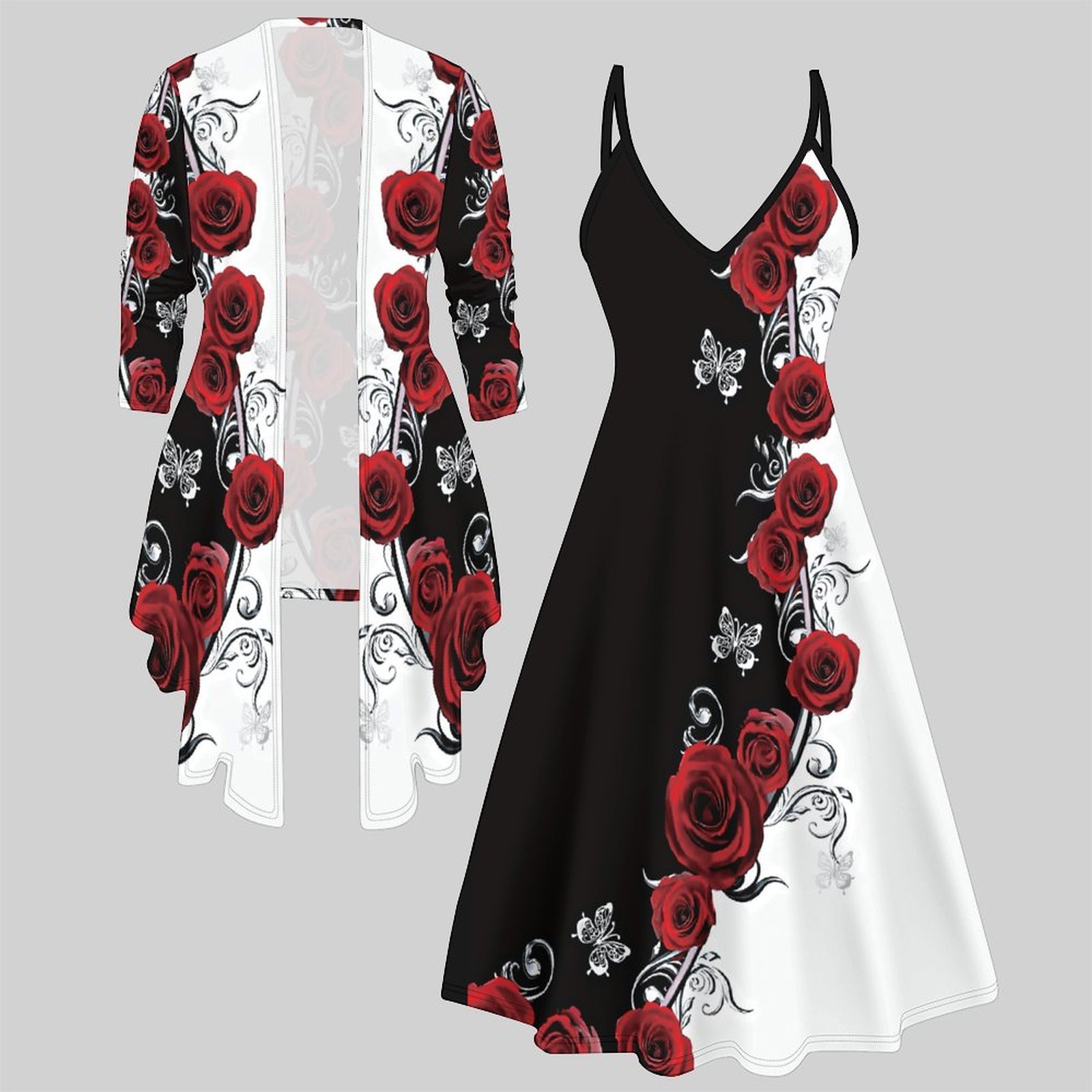 Winter Clothing Deals - Damski dwuczęściowy zestaw: sukienka midi, kardigan